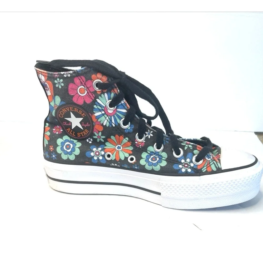 Y2K Black Floral Converse Chuck Taylor All Star‎ Hi Lift Platform Sneaker Size 7